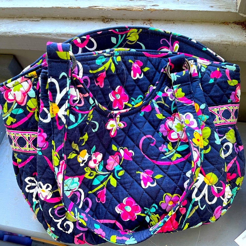 Vera Bradley Navy Floral Ribbon Satchel with Matching wallet and Cosmetics Bag